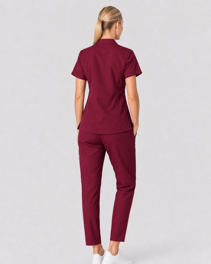 Burgundy Red Eipnare Women's V-Neck Split 9-Pocket Slim Fit Scrub Set - Stretch Medical Scrubs for Women