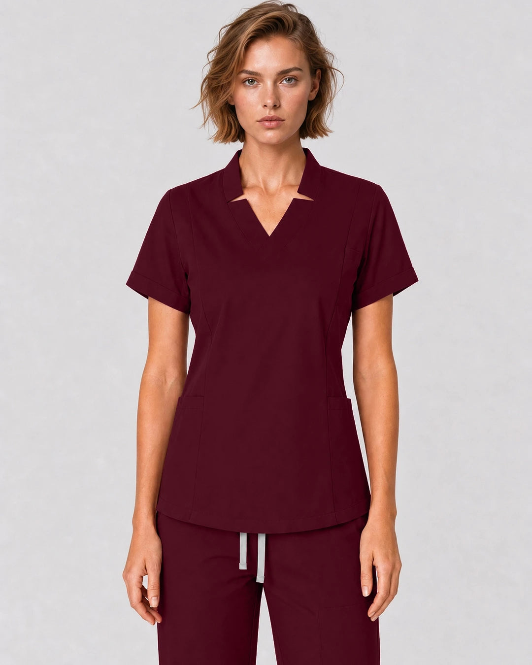 Burgundy Red Eipnare Women's Split V-Neck Tapered Scrub Set - Stretch Medical Scrubs for Women