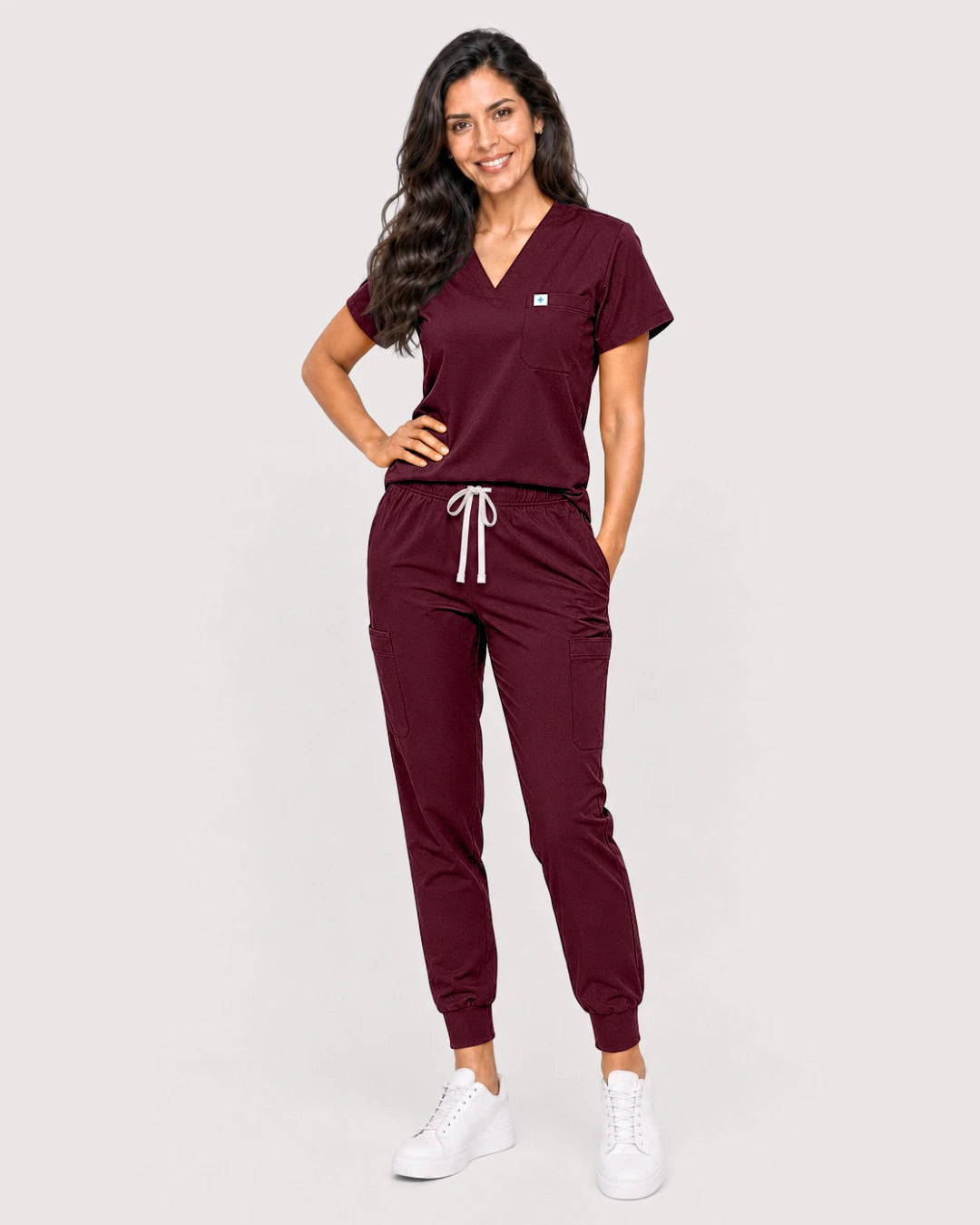 Burgundy Red Eipnare Women's Knit V-Neck Jogger Scrub Set - Stretch Medical Scrubs for Women