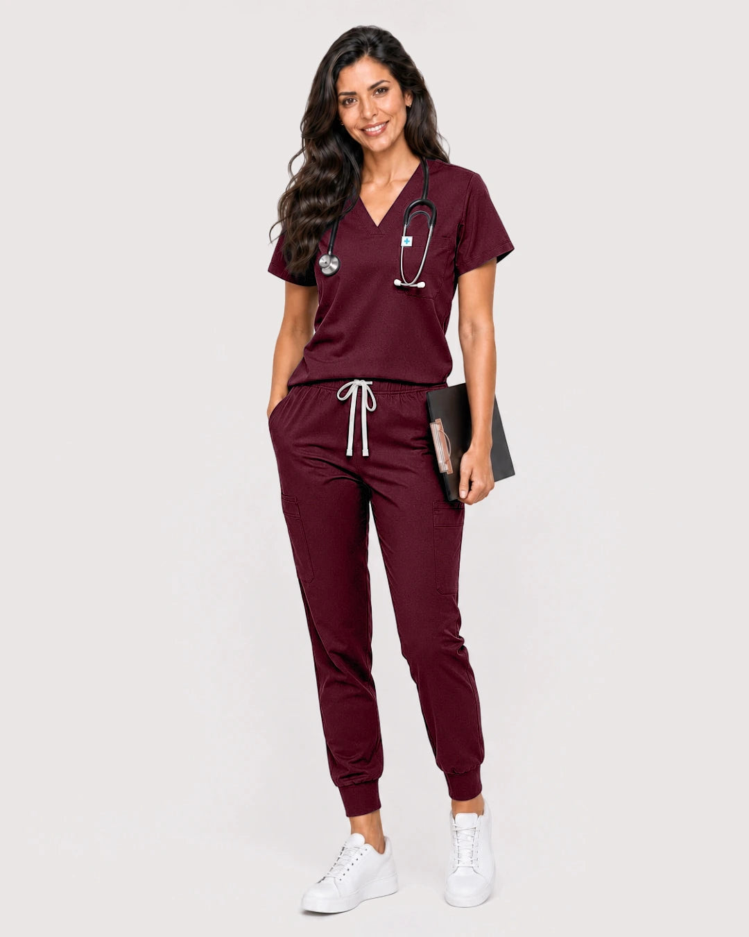 Burgundy Red Eipnare Women's Knit V-Neck Jogger Scrub Set - Stretch Medical Scrubs for Women