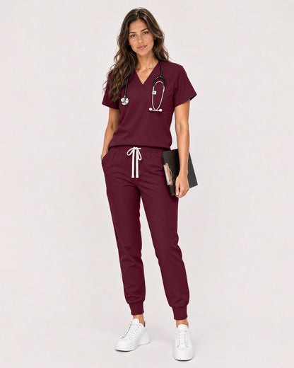 Burgundy Red Eipnare Women's Classic V-Neck Jogger Scrub Set - Stretch Medical Scrubs for Women