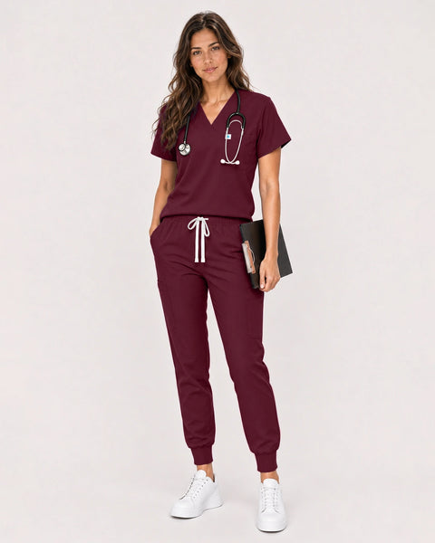 Eipnare Women's Classic V-Neck Jogger Scrub Set - Burgundy Red