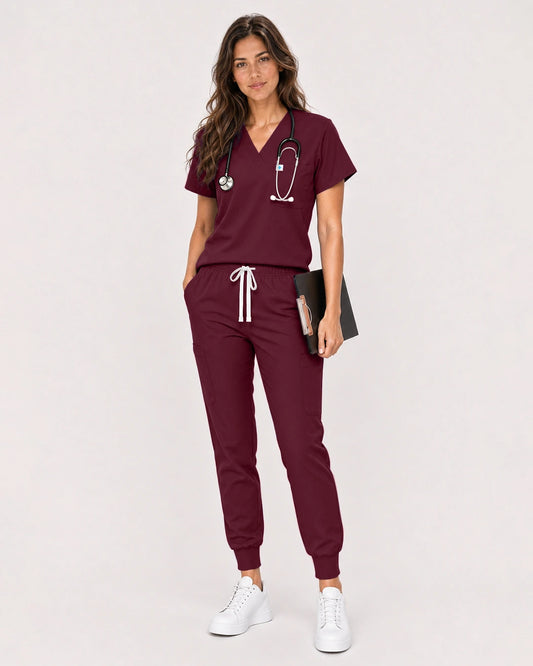 Burgundy Red Eipnare Women's Classic V-Neck Jogger Scrub Set - Stretch Medical Scrubs for Women