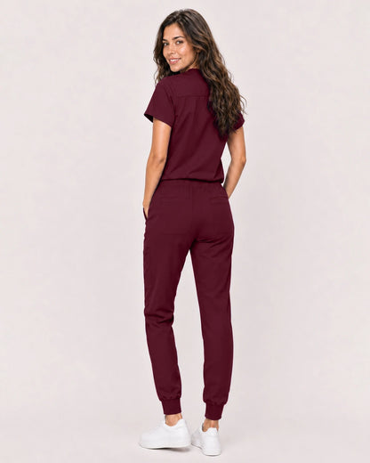 Burgundy Red Eipnare Women's Classic V-Neck Jogger Scrub Set - Stretch Medical Scrubs for Women