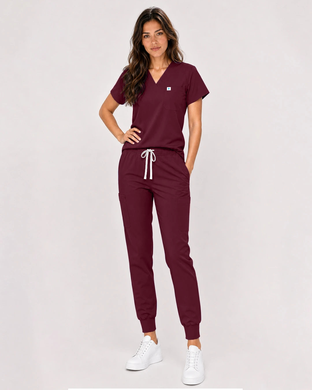 Burgundy Red Eipnare Women's Classic V-Neck Jogger Scrub Set - Stretch Medical Scrubs for Women