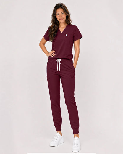 Burgundy Red Eipnare Women's Classic V-Neck Jogger Scrub Set - Stretch Medical Scrubs for Women