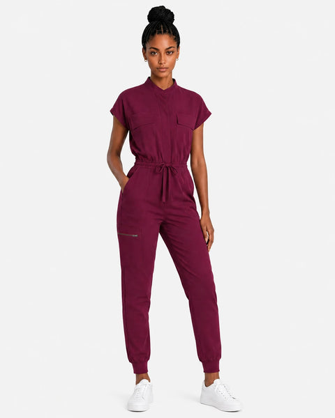 Eipnare Women's Zip-Front Sleeveless Scrub Jumpsuit - Burgundy Red