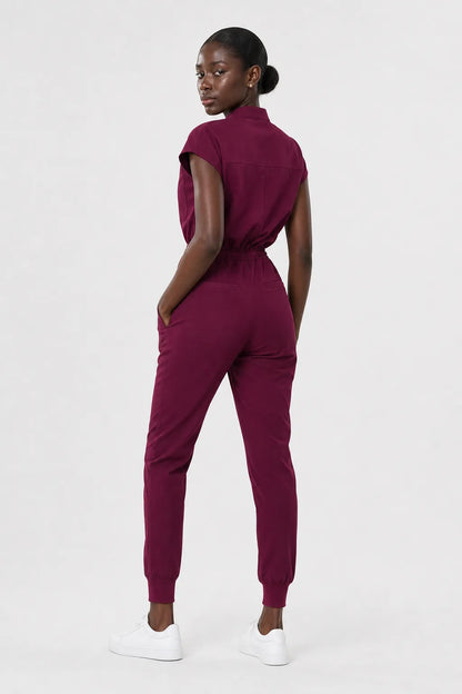 Burgundy Red Eipnare Women's Zip-Front Sleeveless Scrub Jumpsuit - Stretch Medical Scrubs for Women
