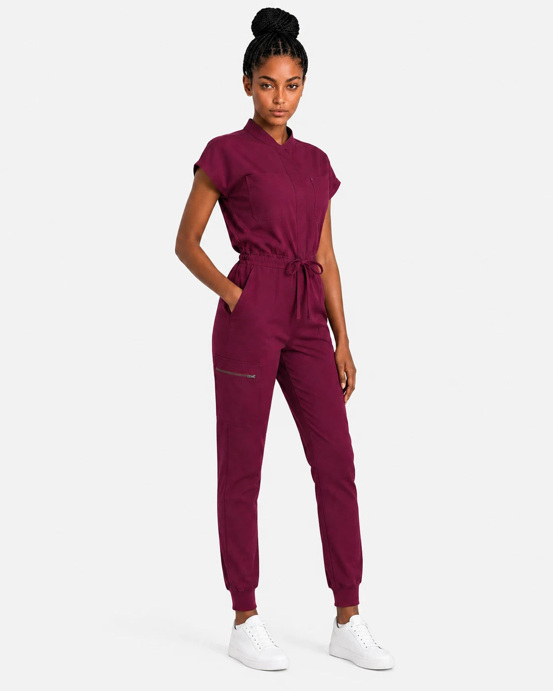 Burgundy Red Eipnare Women's Zip-Front Sleeveless Scrub Jumpsuit - Stretch Medical Scrubs for Women