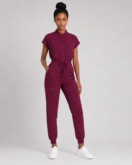 Burgundy Red Eipnare Women's Zip-Front Sleeveless Scrub Jumpsuit - Stretch Medical Scrubs for Women