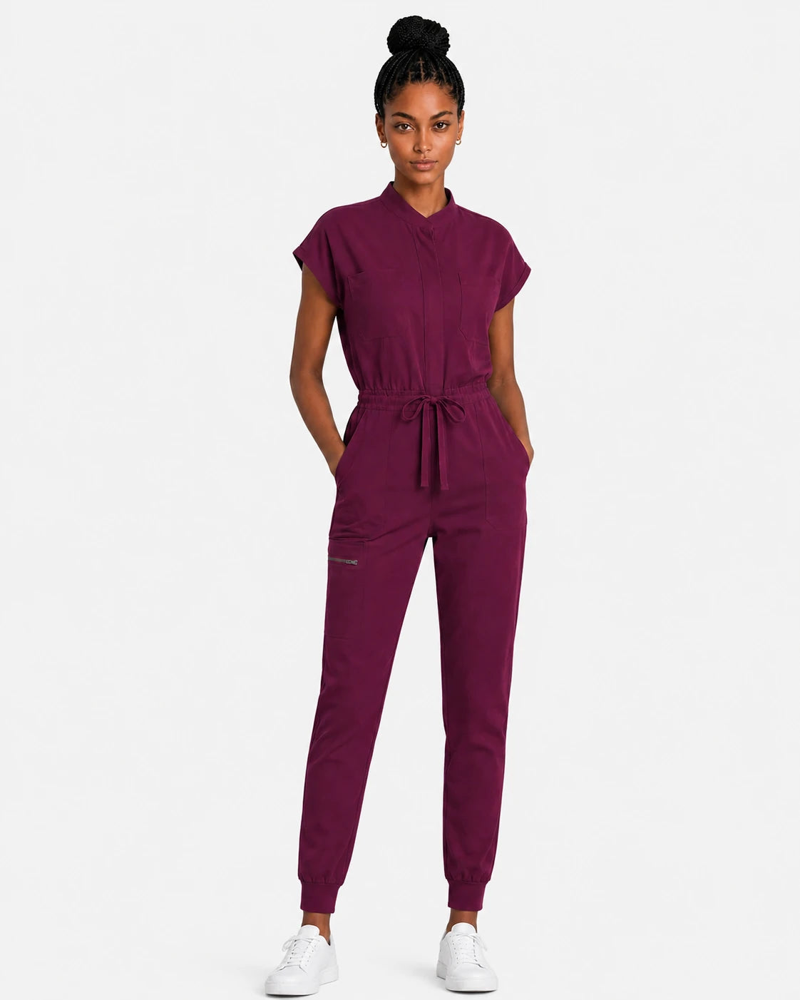 Burgundy Red Eipnare Women's Zip-Front Sleeveless Scrub Jumpsuit - Stretch Medical Scrubs for Women
