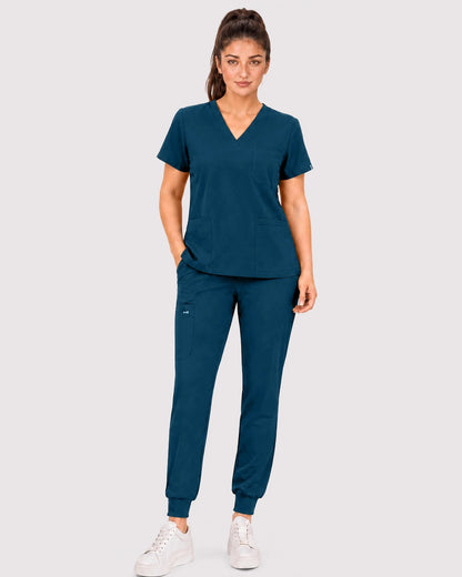 Caribbean Blue Eipnare Women's 3-Pocket V-Neck Jogger Scrub Set - Stretch Medical Scrubs for Women