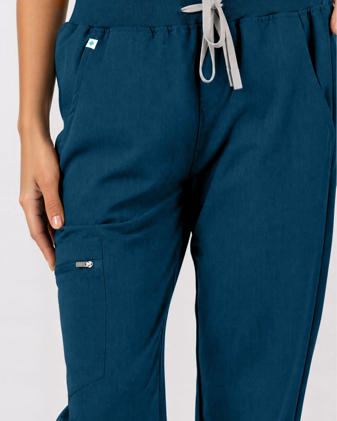 Caribbean Blue Eipnare Women's 3-Pocket V-Neck Jogger Scrub Set - Stretch Medical Scrubs for Women