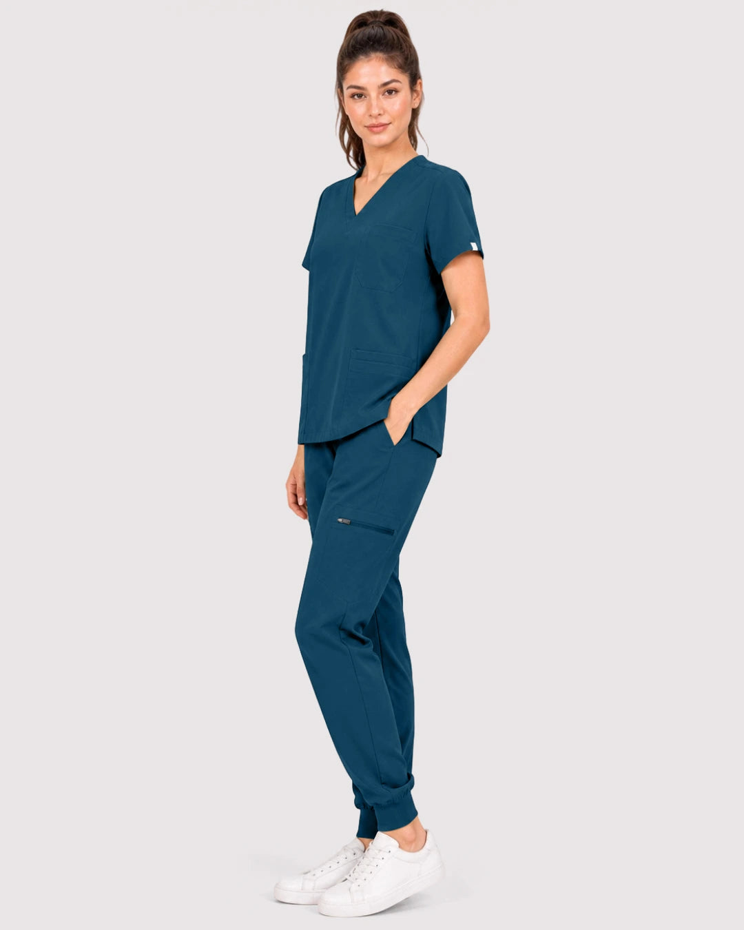 Caribbean Blue Eipnare Women's 3-Pocket V-Neck Jogger Scrub Set - Stretch Medical Scrubs for Women