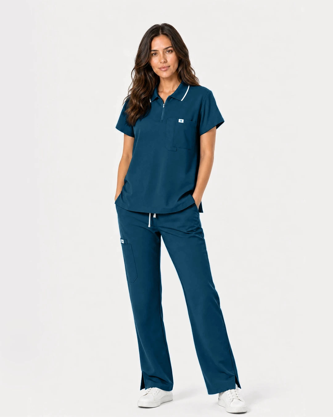 Caribbean Blue Eipnare Women's Zip Polo Straight-Leg Scrub Set - Stretch Medical Scrubs for Women