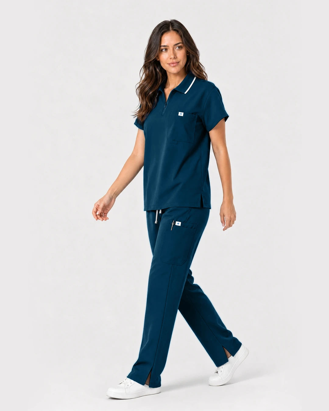 Caribbean Blue Eipnare Women's Zip Polo Straight-Leg Scrub Set - Stretch Medical Scrubs for Women