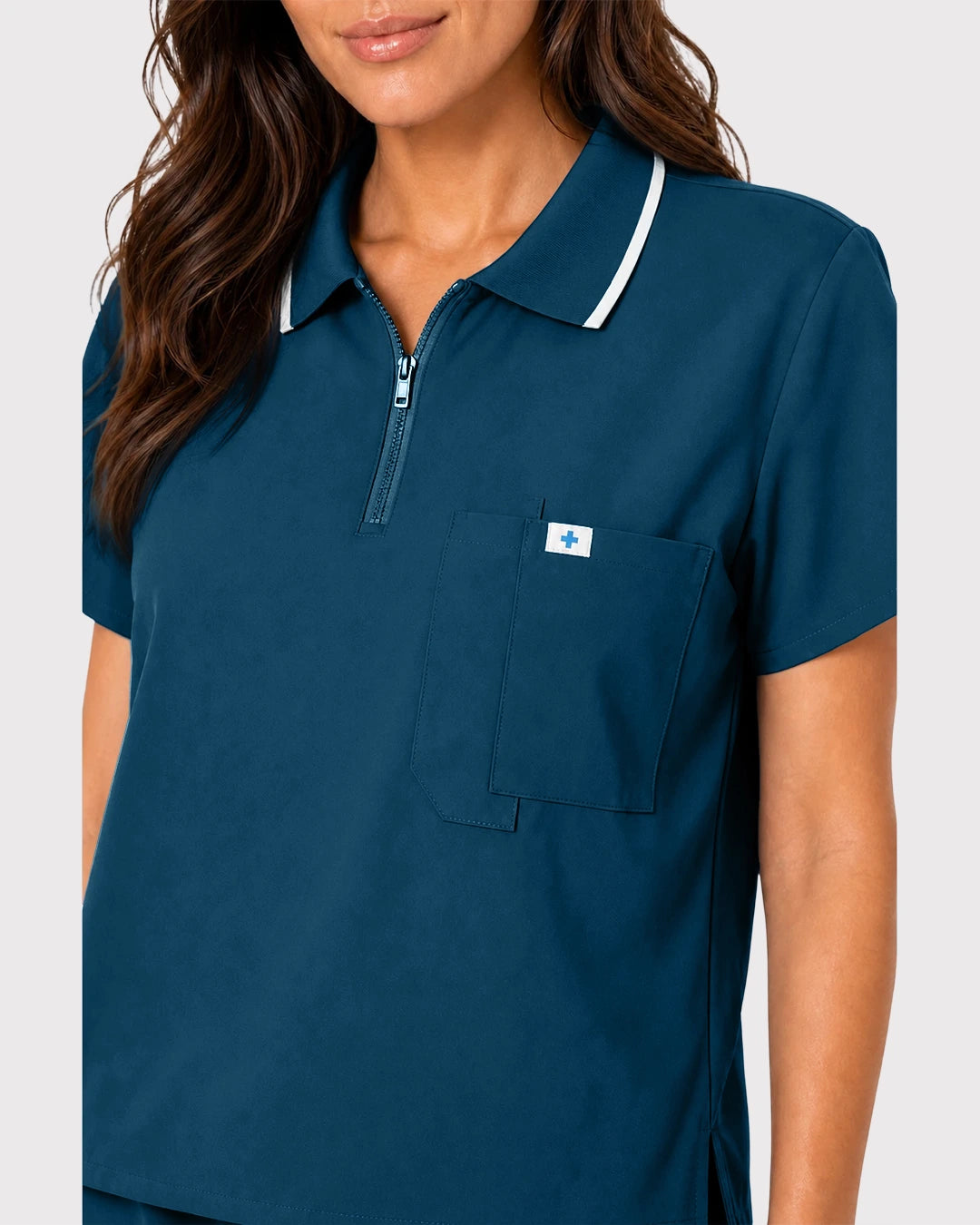 Caribbean Blue Eipnare Women's Zip Polo Straight-Leg Scrub Set - Stretch Medical Scrubs for Women