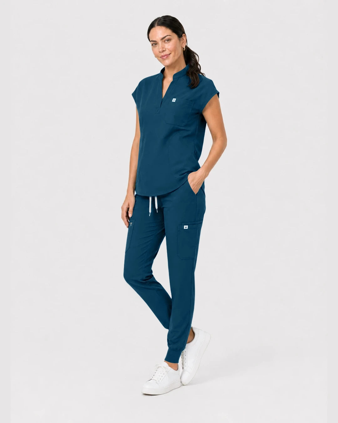 Caribbean Blue Eipnare Women's Henley Sleeveless Jogger Scrub Set - Stretch Medical Scrubs for Women