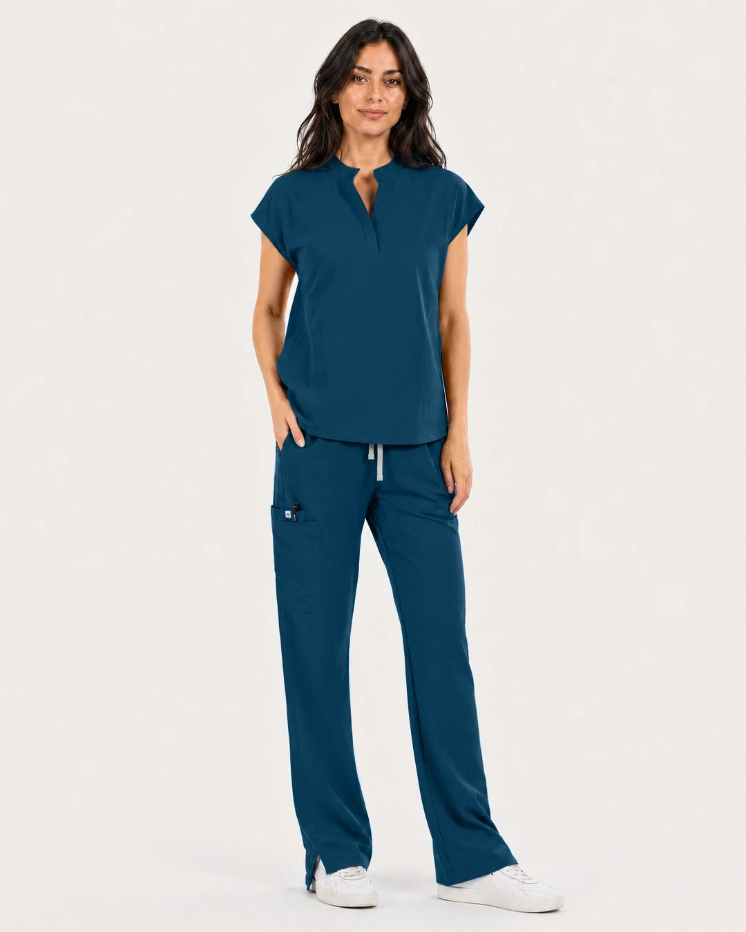 Caribbean Blue Eipnare Women's Mandarin Sleeveless Straight-Leg Scrub Set - Stretch Medical Scrubs for Women