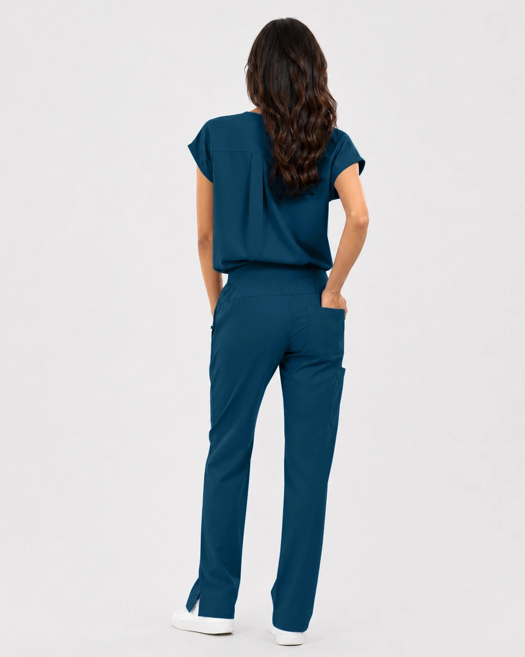 Caribbean Blue Eipnare Women's Mandarin Sleeveless Straight-Leg Scrub Set - Stretch Medical Scrubs for Women