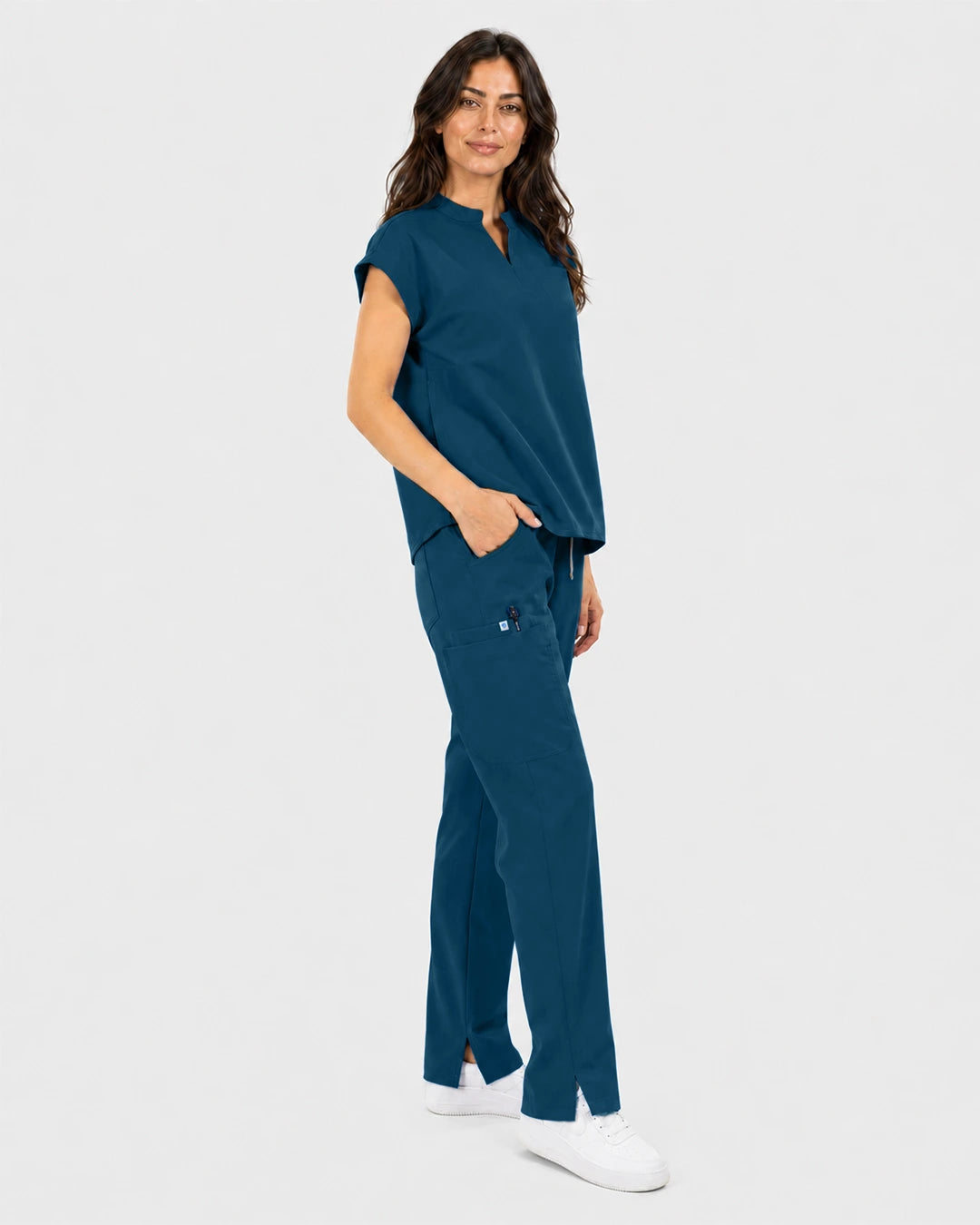 Caribbean Blue Eipnare Women's Mandarin Sleeveless Straight-Leg Scrub Set - Stretch Medical Scrubs for Women
