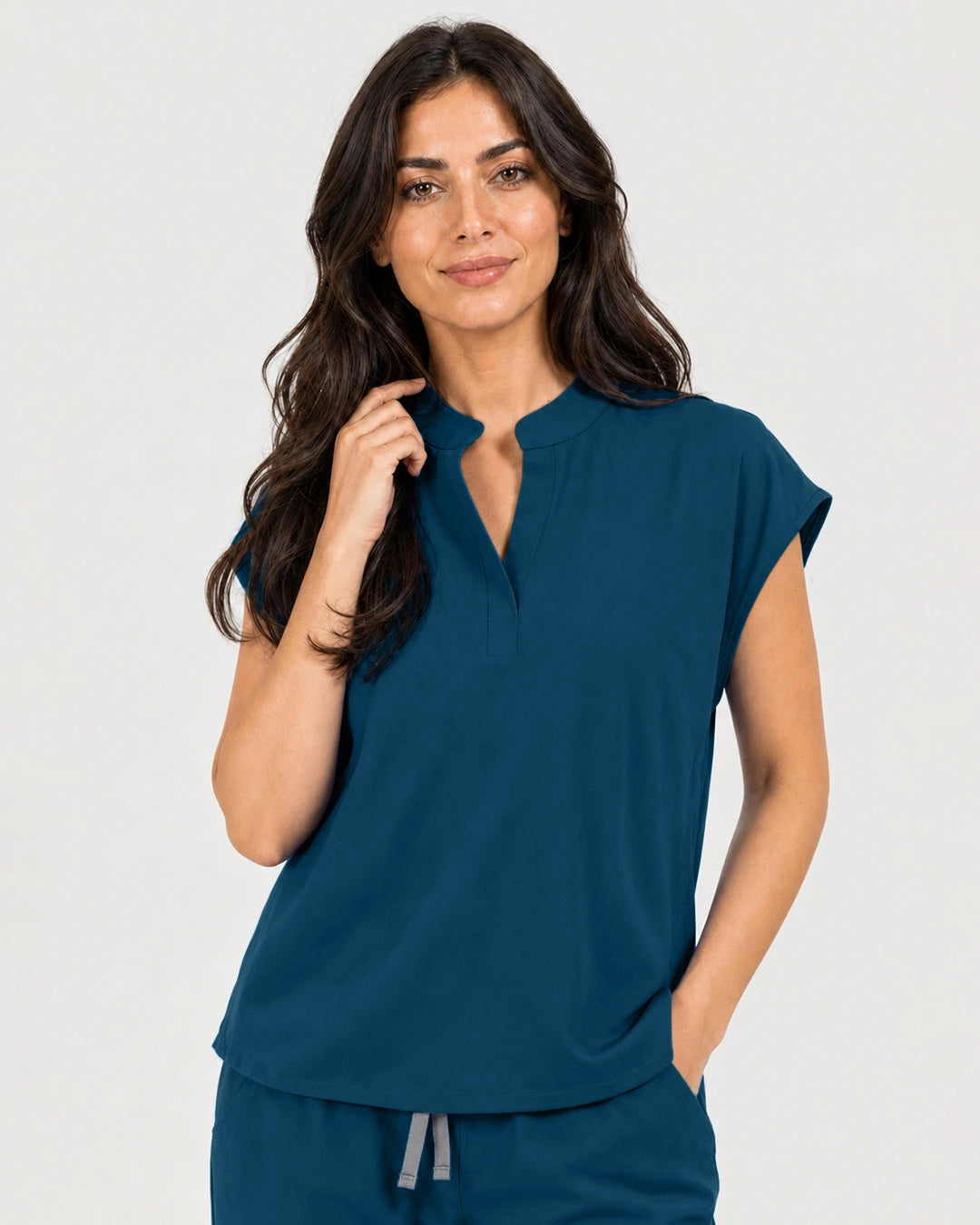 Caribbean Blue Eipnare Women's Mandarin Sleeveless Straight-Leg Scrub Set - Stretch Medical Scrubs for Women