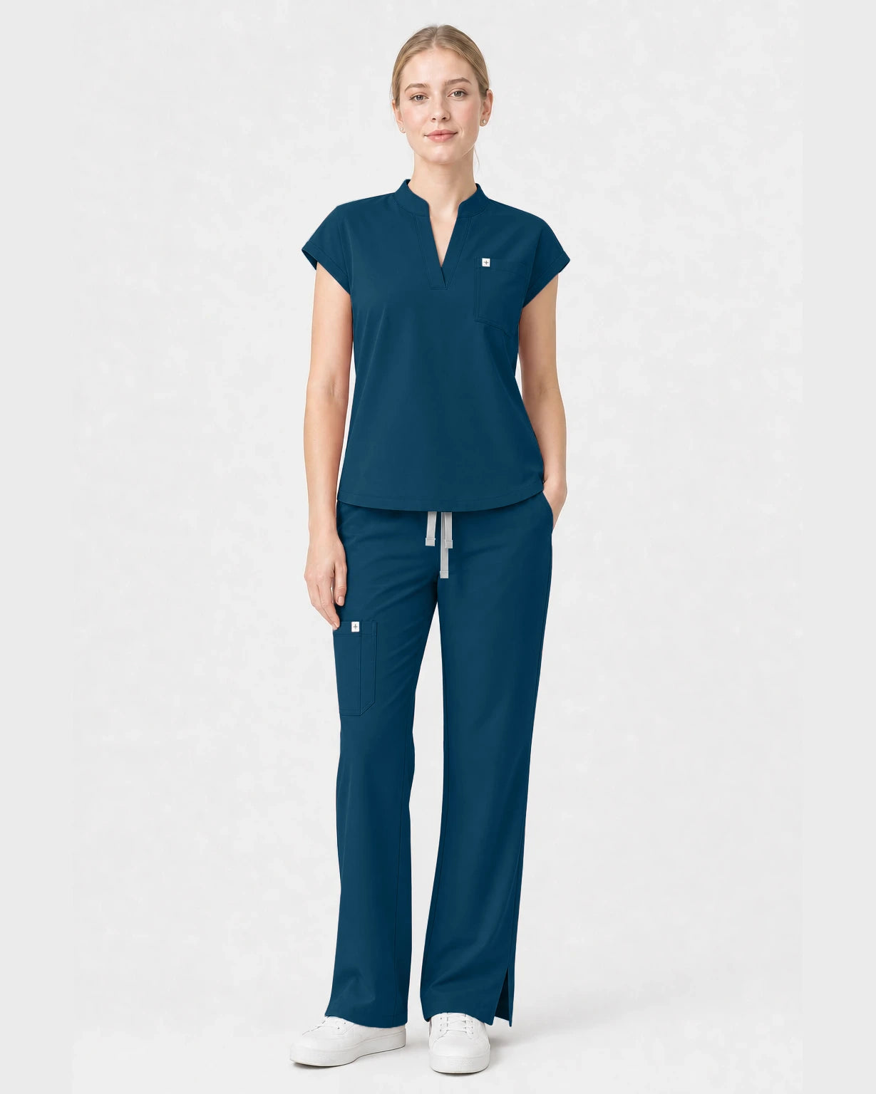Caribbean Blue Eipnare Women's Henley Sleeveless Straight-Leg Scrub Set - Stretch Medical Scrubs for Women
