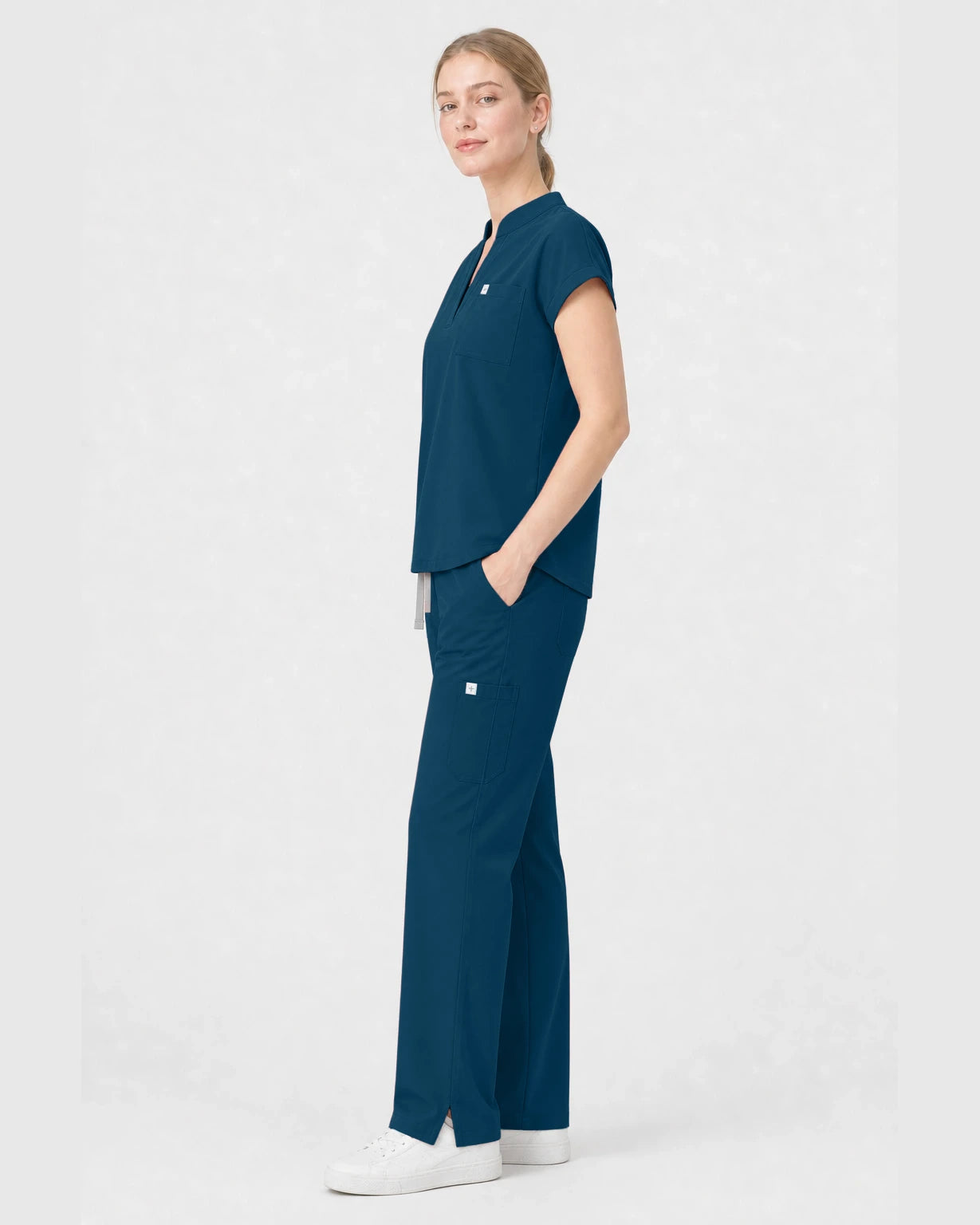 Caribbean Blue Eipnare Women's Henley Sleeveless Straight-Leg Scrub Set - Stretch Medical Scrubs for Women