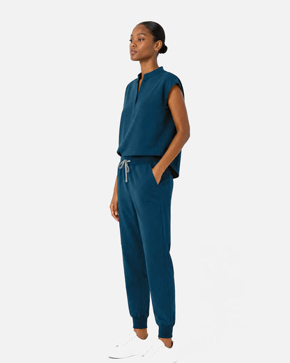 Caribbean Blue – Eipnare Women's Sleeveless Mandarin Collar Jogger Uniform Set – product image 02