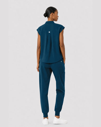Caribbean Blue Eipnare Women's Sleeveless Mandarin Collar Jogger Scrub Set - Stretch Medical Scrubs for Women