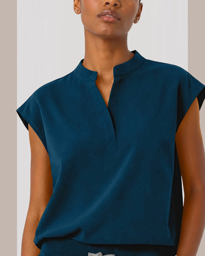 Caribbean Blue Eipnare Women's Sleeveless Mandarin Collar Jogger Scrub Set - Stretch Medical Scrubs for Women