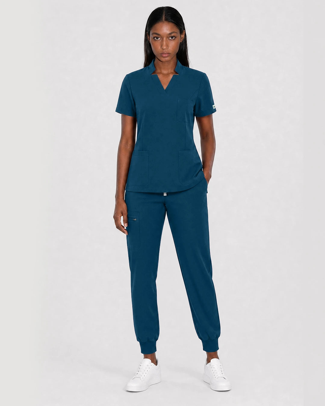 Caribbean Blue Eipnare Women's Split V-Neck Cargo Jogger Scrub Set - Stretch Medical Scrubs for Women