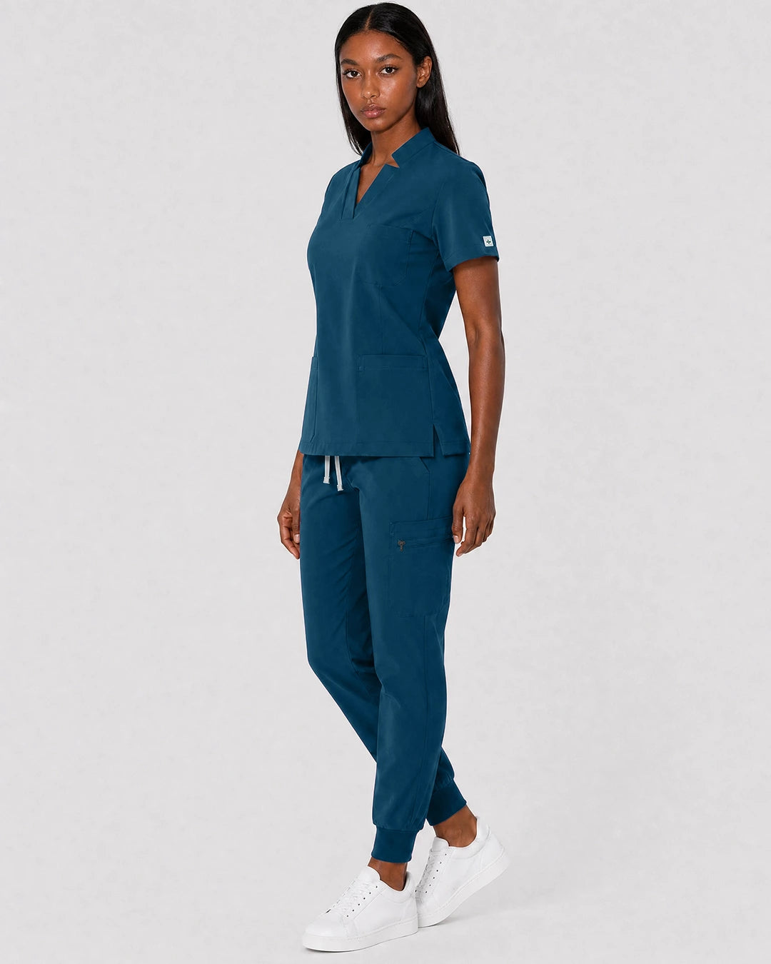 Caribbean Blue Eipnare Women's Split V-Neck Cargo Jogger Scrub Set - Stretch Medical Scrubs for Women