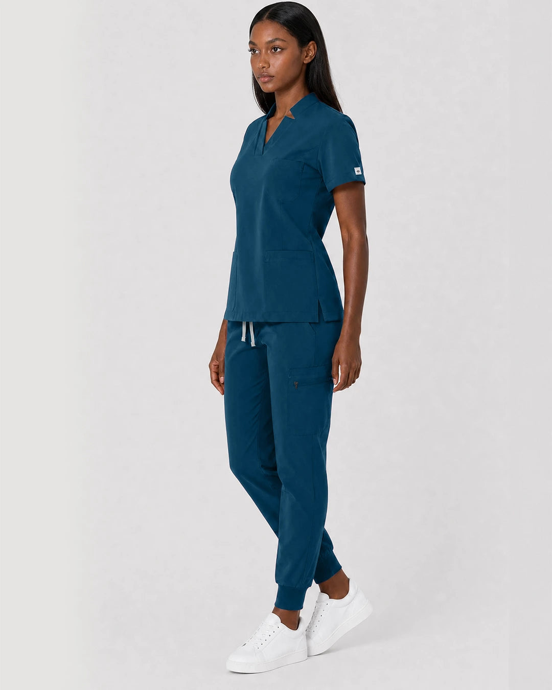 Caribbean Blue Eipnare Women's Split V-Neck Cargo Jogger Scrub Set - Stretch Medical Scrubs for Women