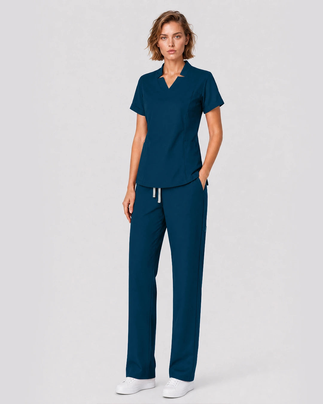 Caribbean Blue Eipnare Women's Split V-Neck Tapered Scrub Set - Stretch Medical Scrubs for Women