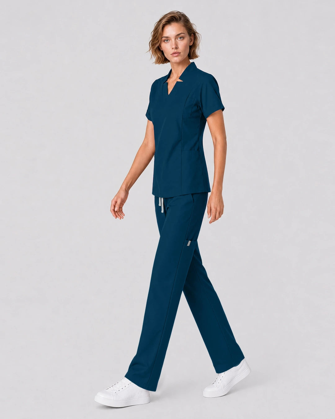 Caribbean Blue Eipnare Women's Split V-Neck Tapered Scrub Set - Stretch Medical Scrubs for Women