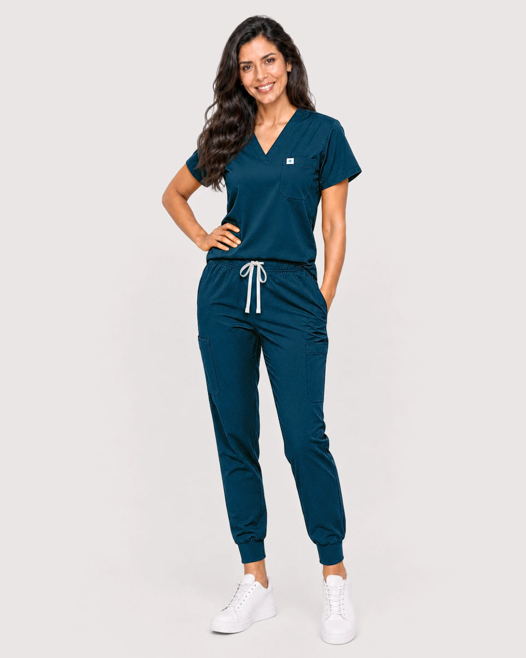 Caribbean Blue Eipnare Women's Knit V-Neck Jogger Scrub Set - Stretch Medical Scrubs for Women