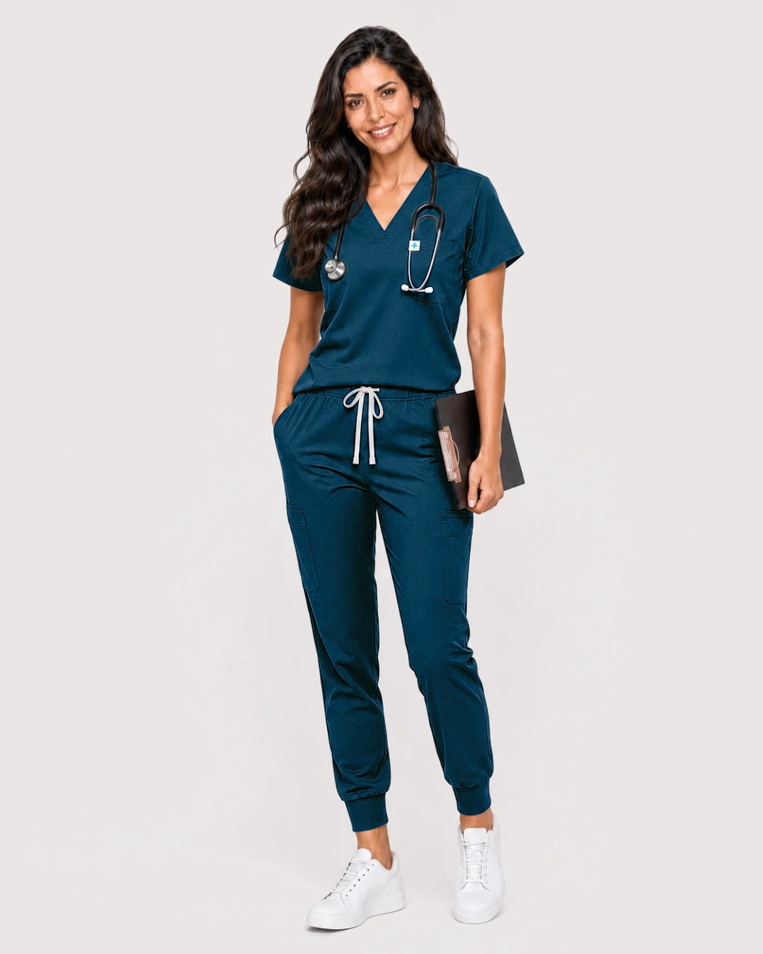 Caribbean Blue Eipnare Women's Knit V-Neck Jogger Scrub Set - Stretch Medical Scrubs for Women
