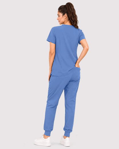 Ceil Blue Eipnare Women's 3-Pocket V-Neck Jogger Scrub Set - Stretch Medical Scrubs for Women