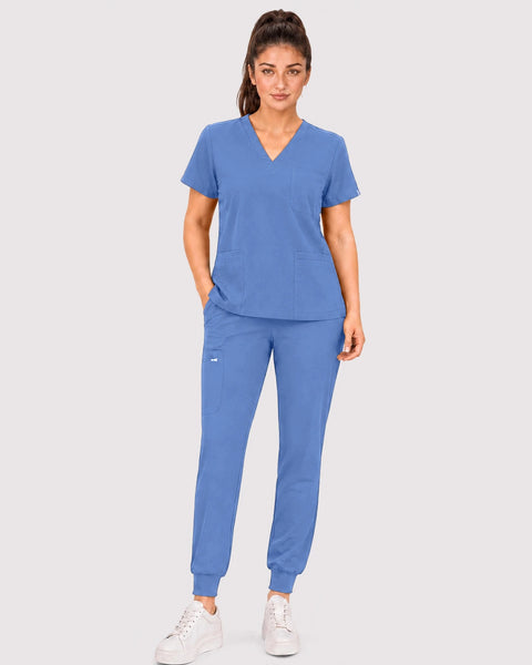Eipnare Women's 3-Pocket V-Neck Jogger Scrub Set - Ceil Blue