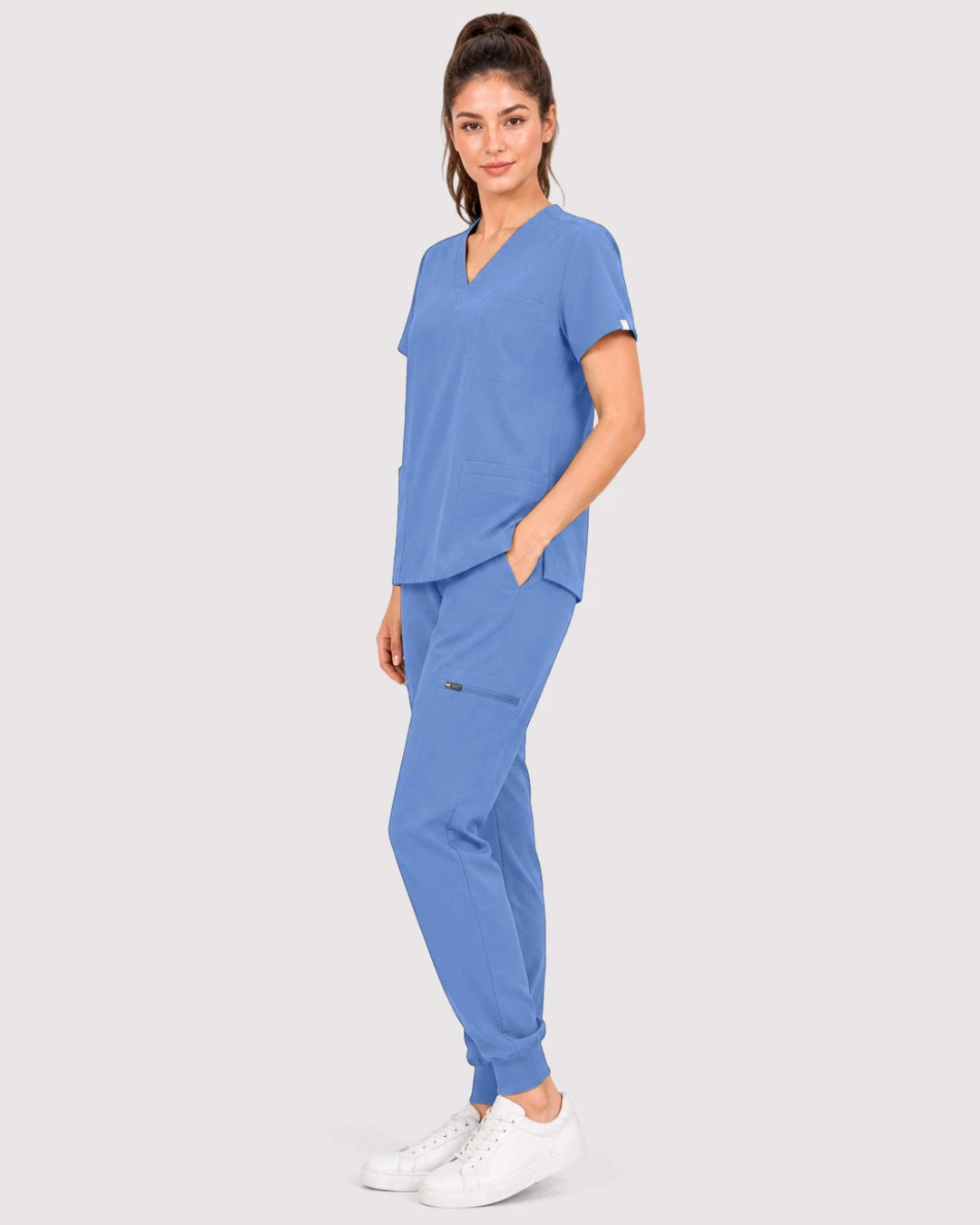 Ceil Blue Eipnare Women's 3-Pocket V-Neck Jogger Scrub Set - Stretch Medical Scrubs for Women