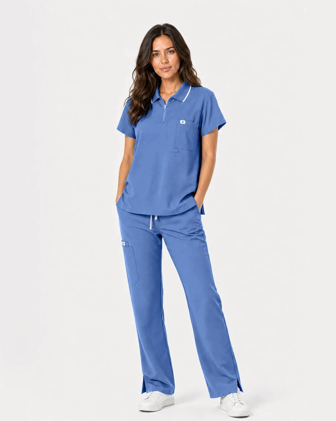 Ceil Blue Eipnare Women's Zip Polo Straight-Leg Scrub Set - Stretch Medical Scrubs for Women