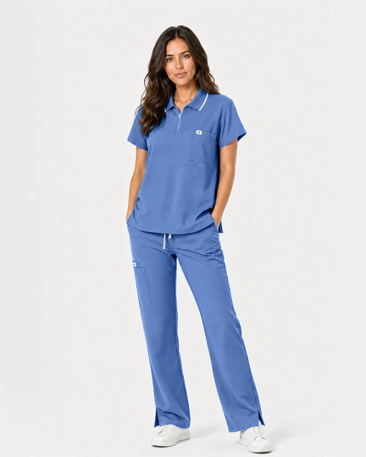 Ceil Blue Eipnare Women's Zip Polo Straight-Leg Scrub Set - Stretch Medical Scrubs for Women