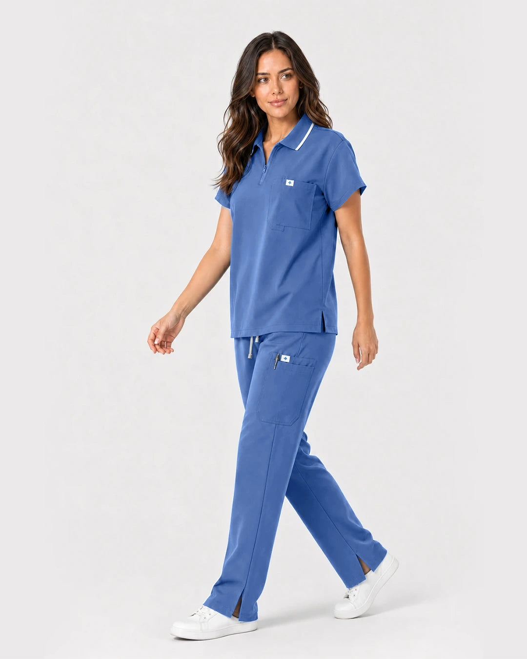 Ceil Blue Eipnare Women's Zip Polo Straight-Leg Scrub Set - Stretch Medical Scrubs for Women