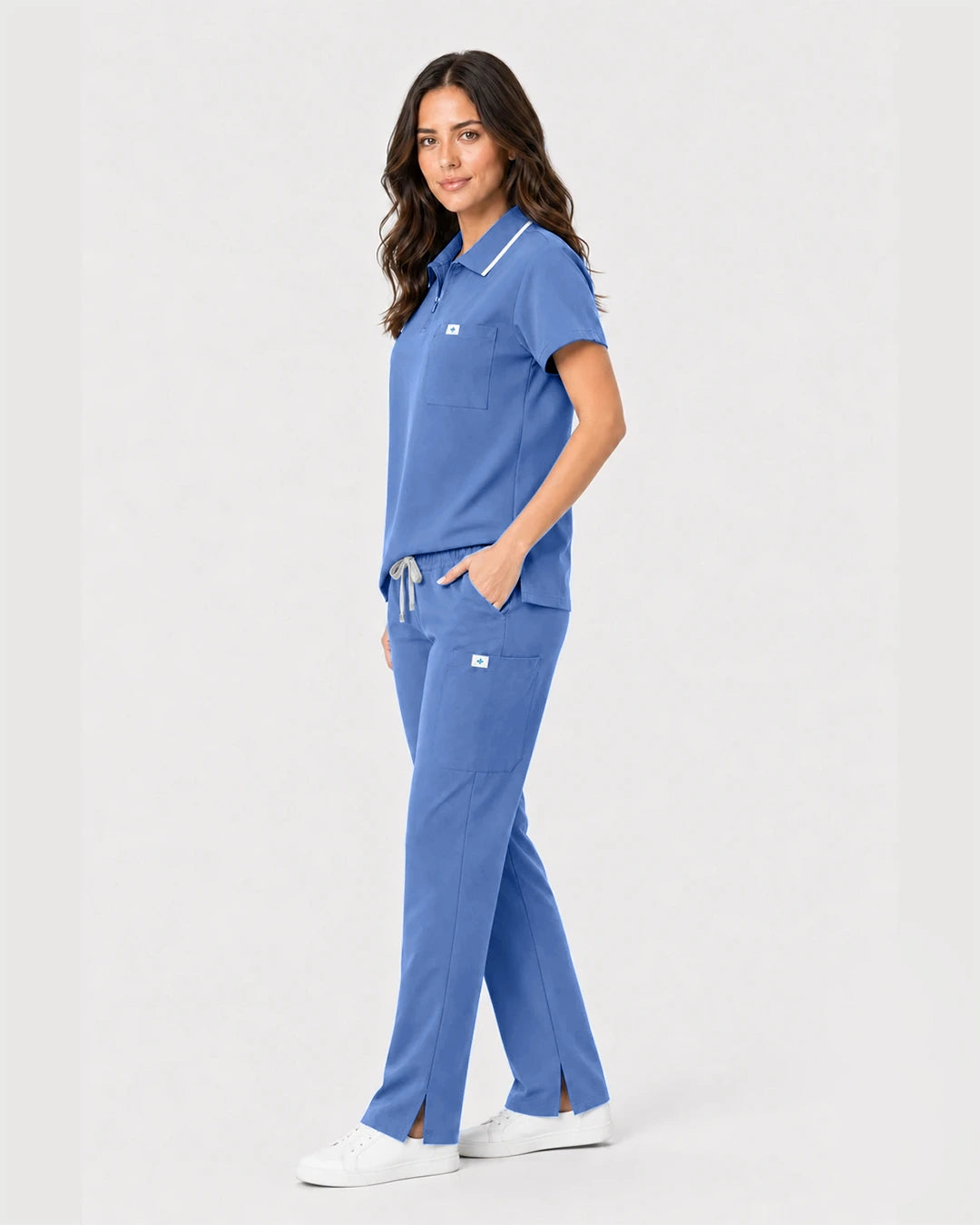 Ceil Blue Eipnare Women's Zip Polo Straight-Leg Scrub Set - Stretch Medical Scrubs for Women