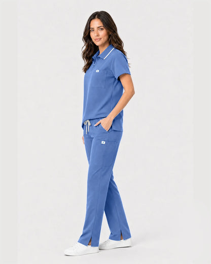 Ceil Blue Eipnare Women's Zip Polo Straight-Leg Scrub Set - Stretch Medical Scrubs for Women