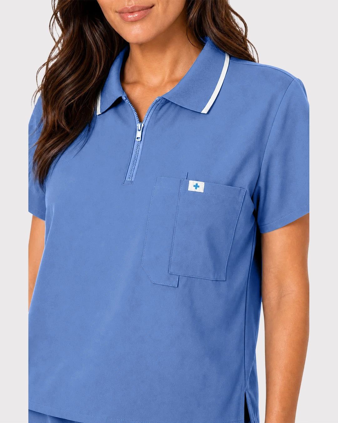 Ceil Blue Eipnare Women's Zip Polo Straight-Leg Scrub Set - Stretch Medical Scrubs for Women