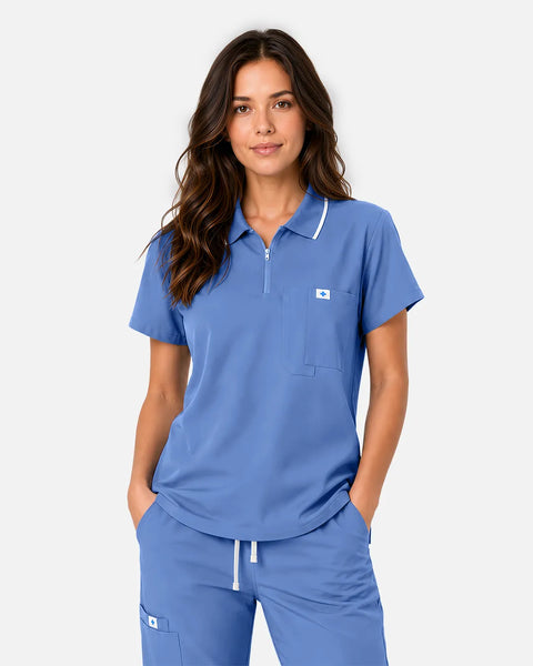 Eipnare Women's Polo-Collar Uniform Top - Ceil Blue