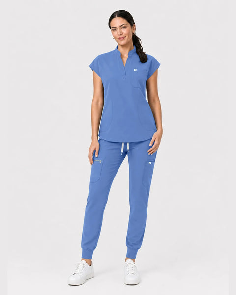 Eipnare Women's Henley Sleeveless Jogger Scrub Set - Ceil Blue
