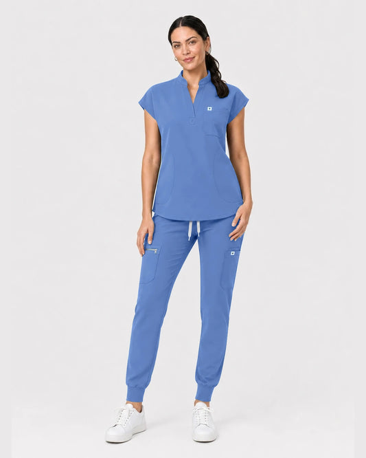 Ceil Blue Eipnare Women's Henley Sleeveless Jogger Scrub Set - Stretch Medical Scrubs for Women